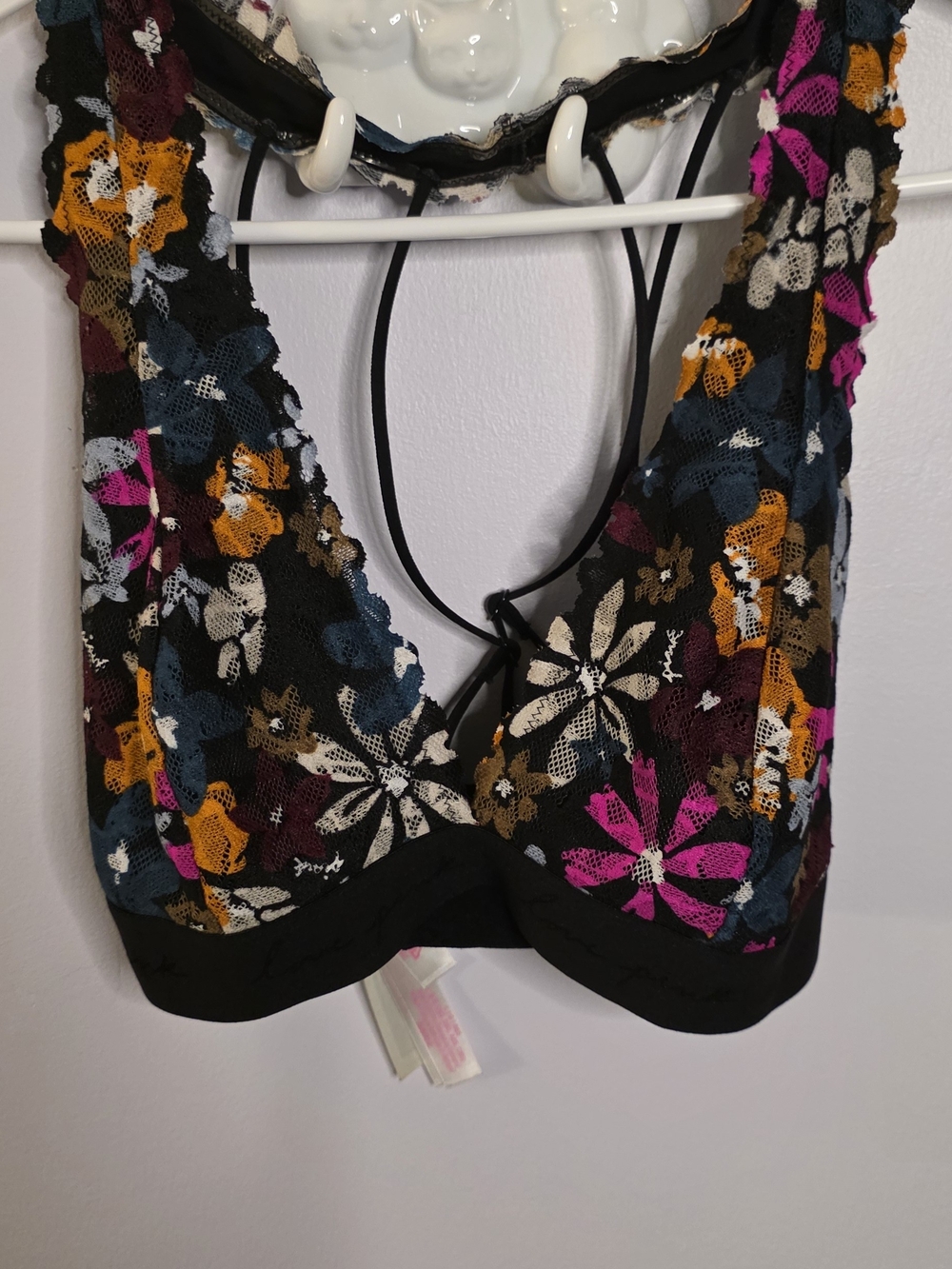 Victoria's Secret PINK Black Lace Bralette with Multicolor Floral Print Sz L